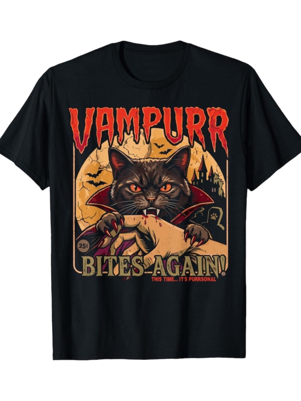 Black Vampurr 'Bites Again' Graphic Tee with Red and Orange Accents